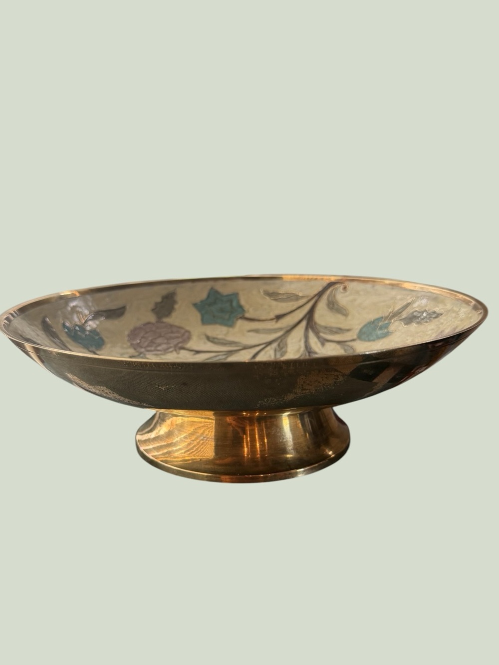 Vintage Solid Brass decorative bowl with Lavender & Blue Floral enamel inlay